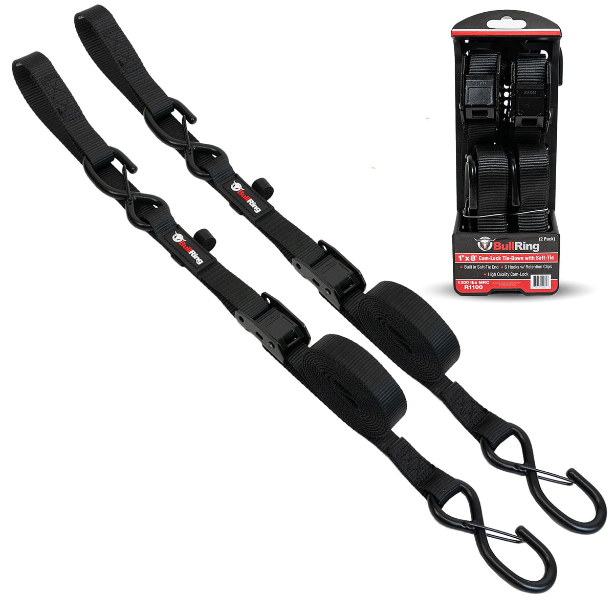 Cam-Lock Tie Down Straps with S-Hooks, 1"x8', 2-Pk