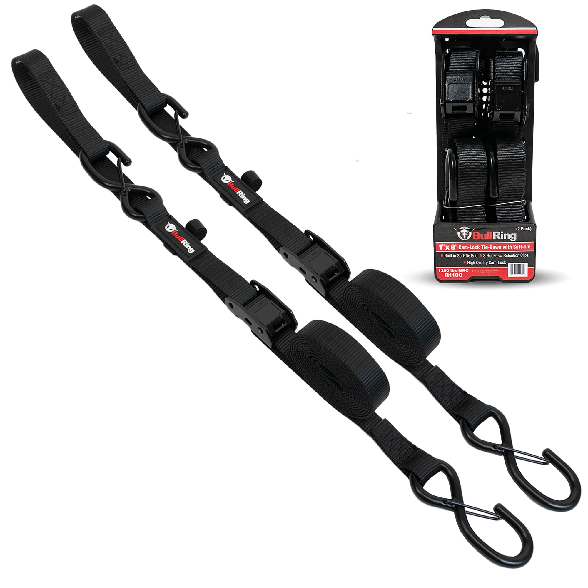 Cam-Lock Tie Down Straps with S-Hooks, 1"x8', 2-Pk