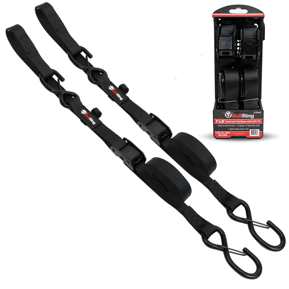 Cam-Lock Tie Down Straps with S-Hooks, 1"x8', 2-Pk