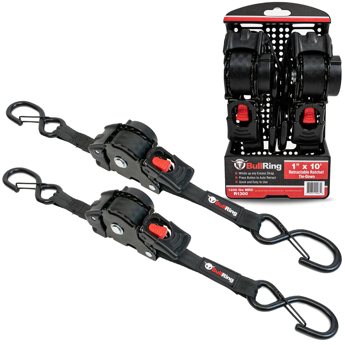 Auto-Retractable Ratchet Tie Down Straps, 1" x 10', 2-Pk