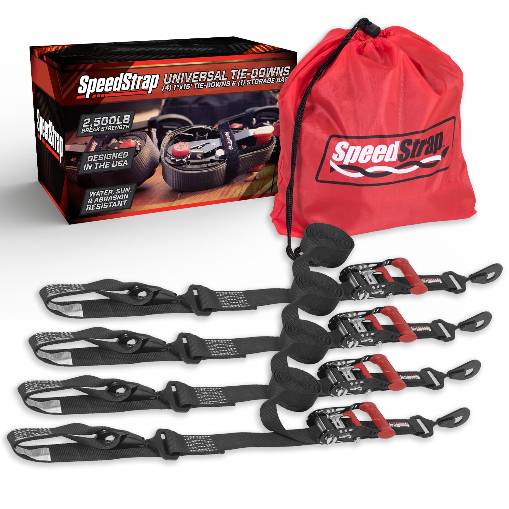Heavy-Duty Ratchet Tie-Down Strap, 1" x 15', 4-Pack