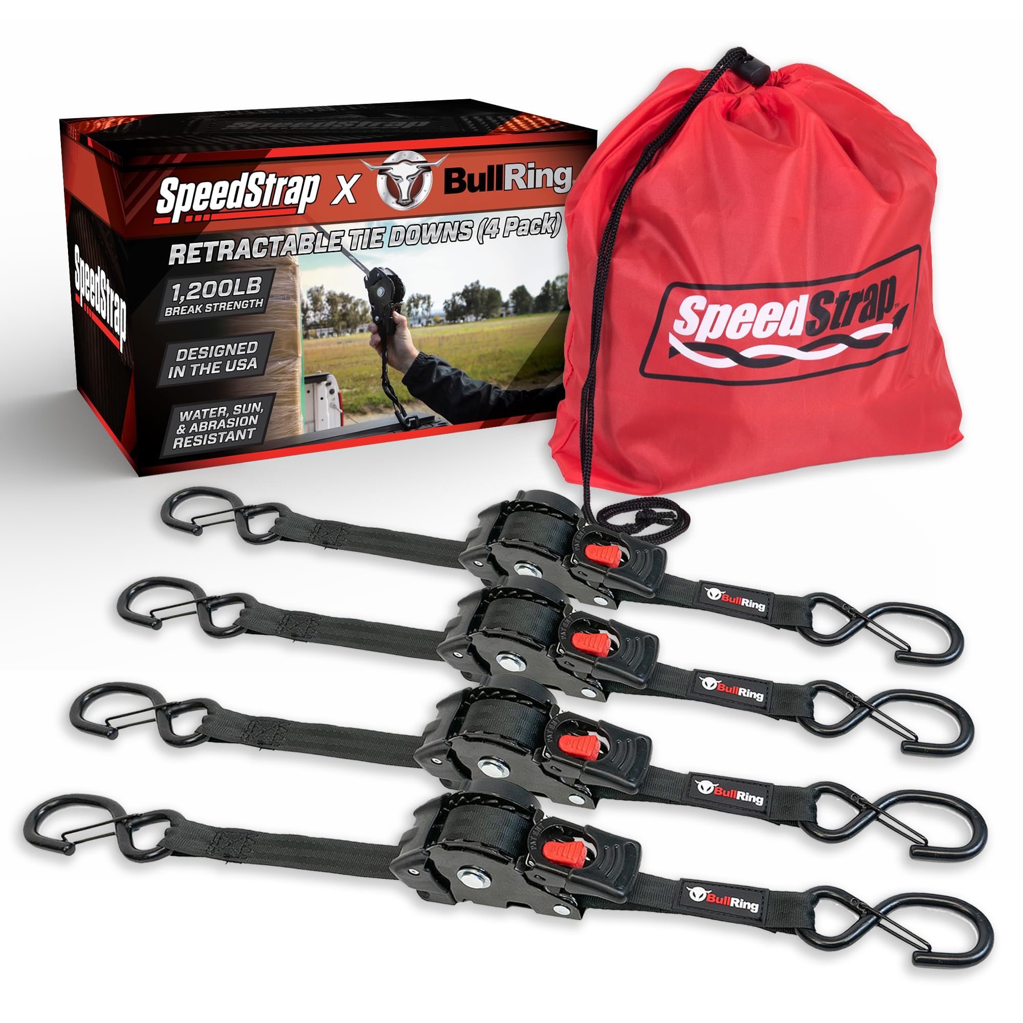 Retractable Ratchet Strap, 1" x 10', 4-Pack, Black
